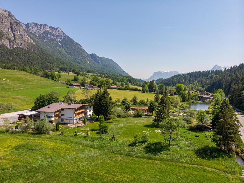 Aerial view of the chalet, mountains and valley