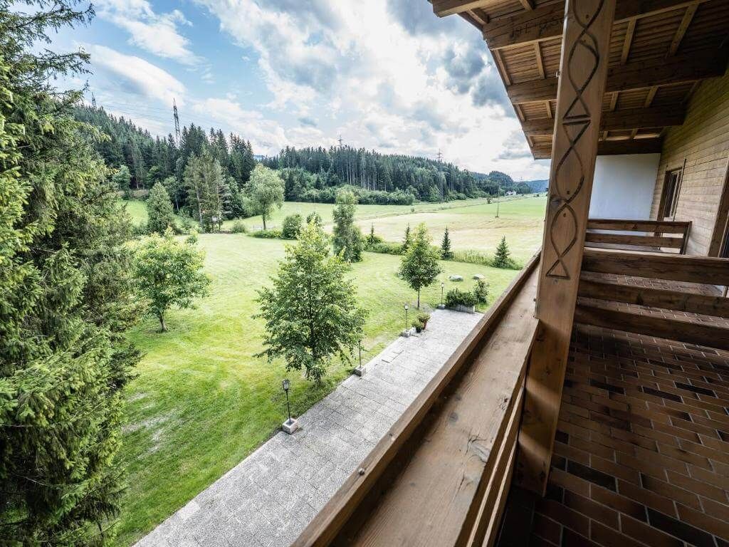 View from the balcony over meadow and forest.